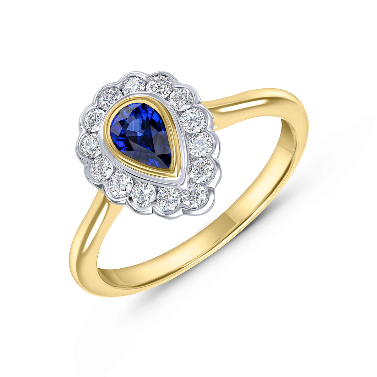 18CT YWG PEARSHAPE SAPPHIRE AND ROUND DIAMOND RUBOVER CLUSTER RING