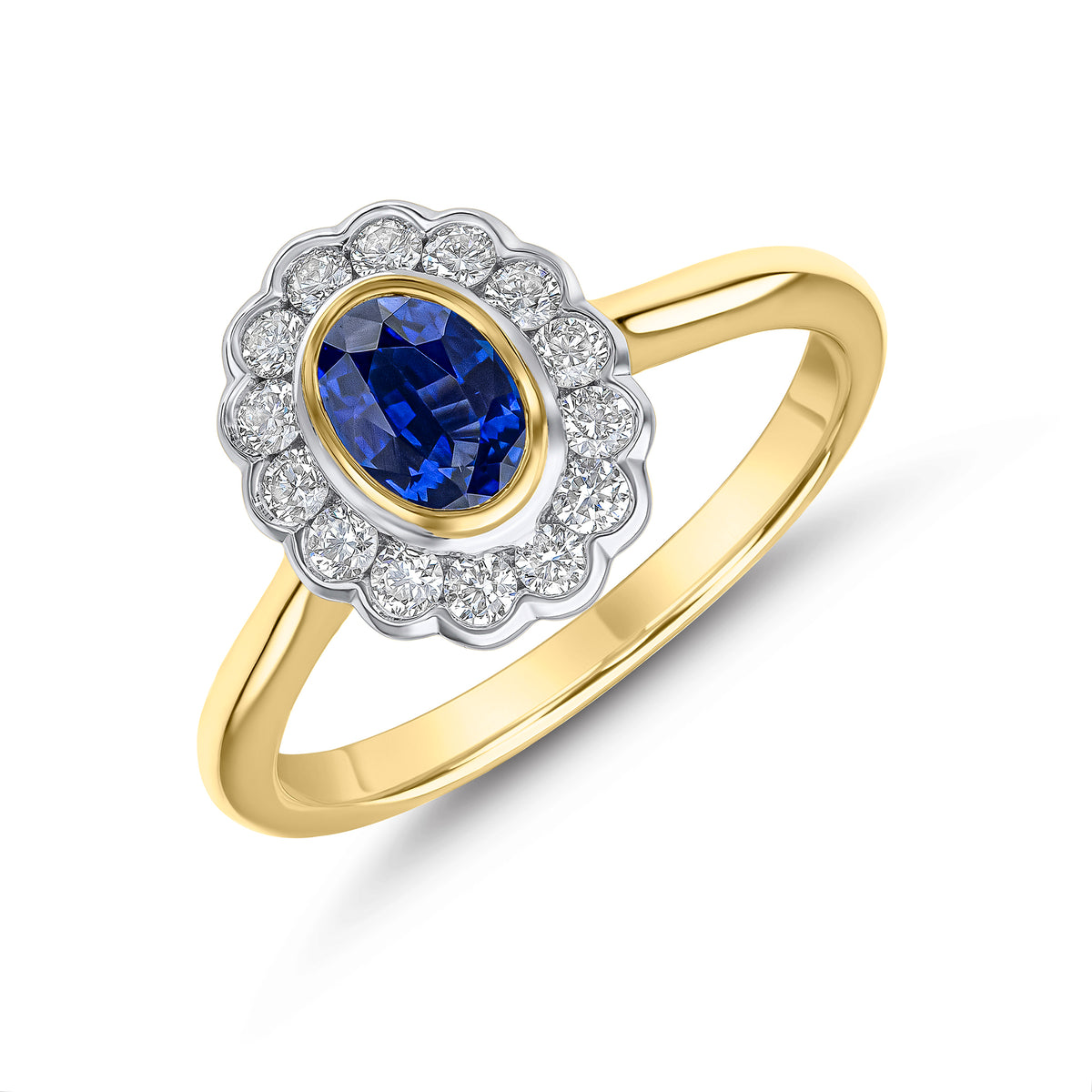 18CT YWG OVAL SAPPHIRE AND ROUND DIAMOND RUBOVER CLUSTER RING