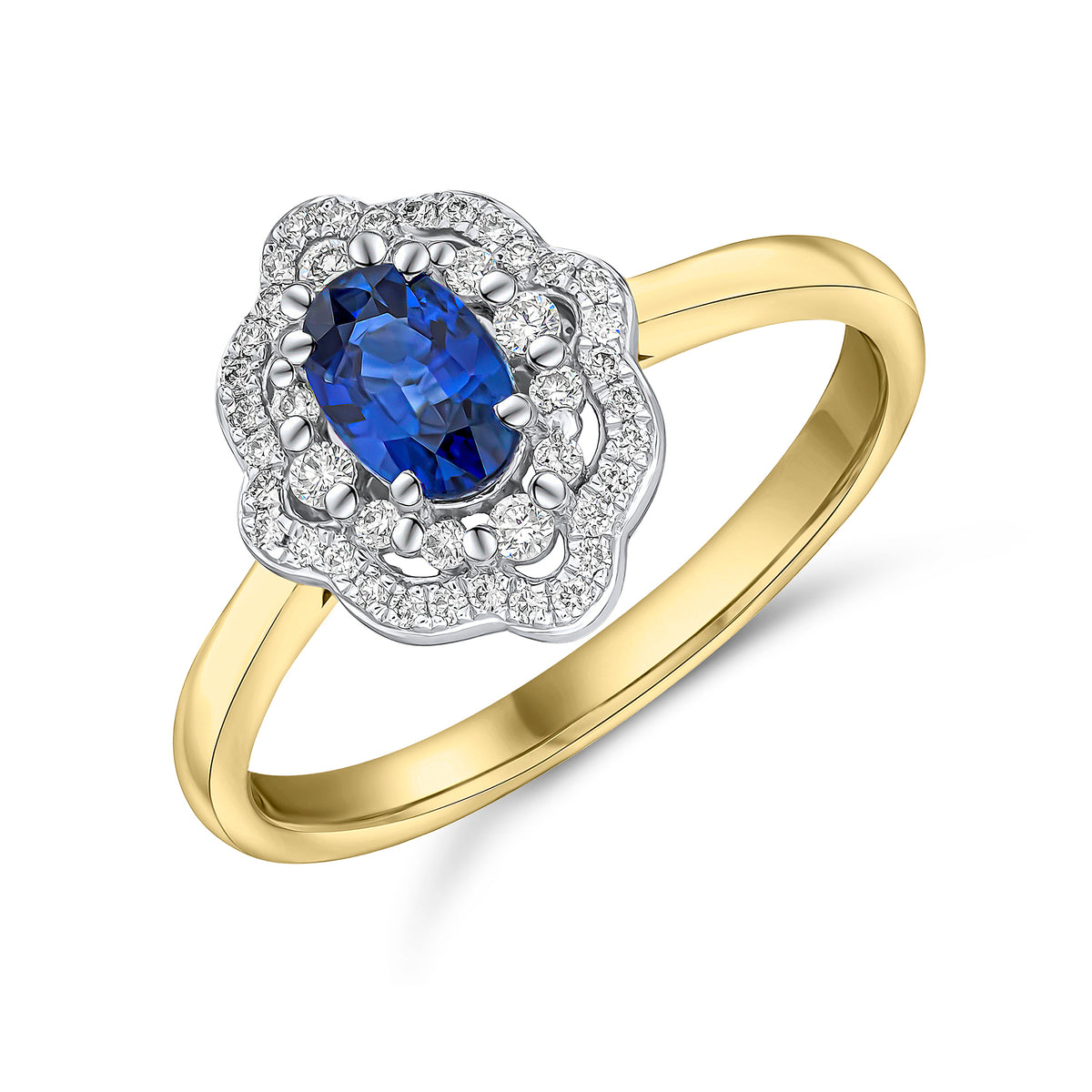 18CT YELLOW AND WHITE GOLD OVAL SAPPHIRE AND ROUND DIAMOND 2 ROW FANCY CLUSTER RING