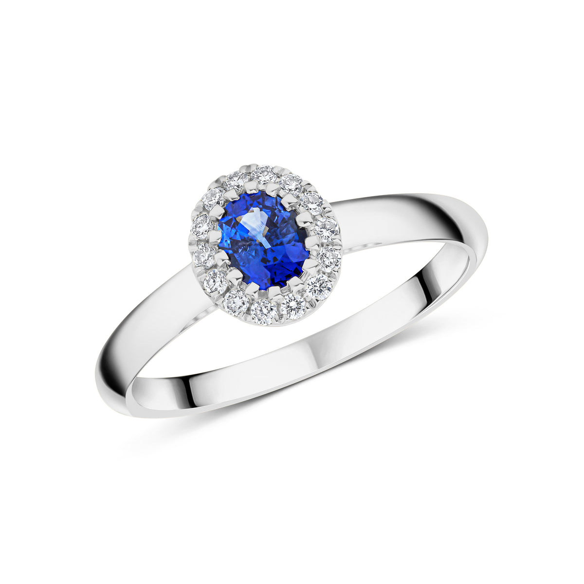18CT WG 5X4 OVAL SAPPHIRE & DIAMOND CLAW CLUSTER RING