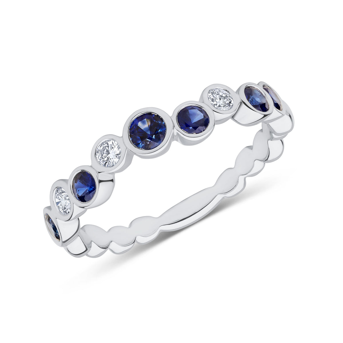 PLATINUM ROUND SAPPHIRE AND ROUND DIAMOND RUBOVER SINGLE ROW 'BUBBLE' RING