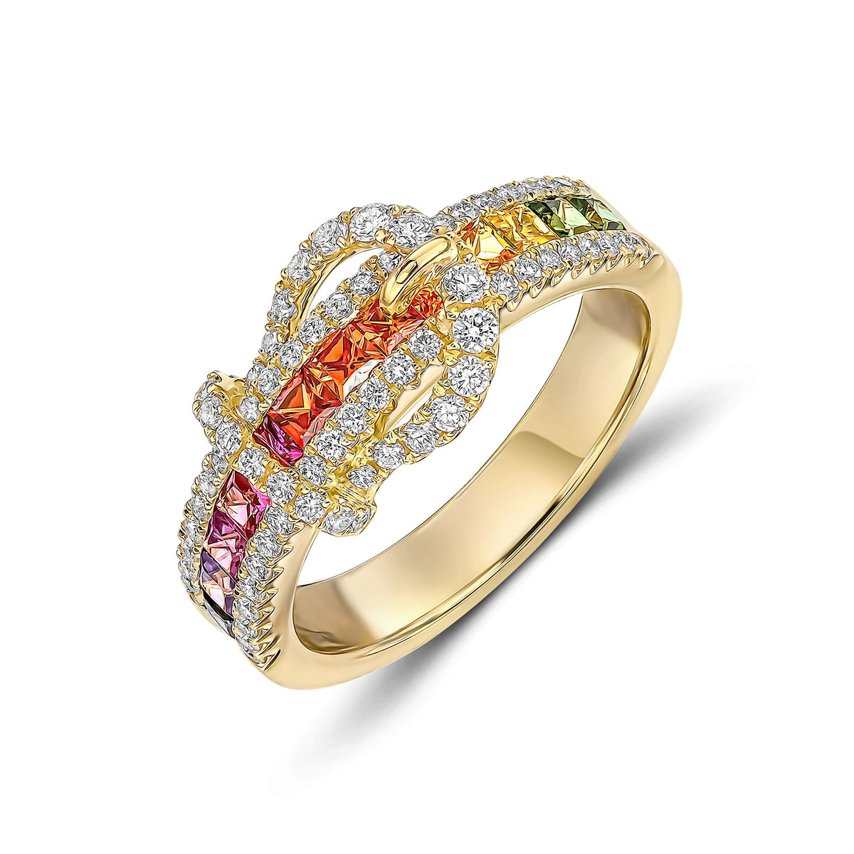 18CT YELLOW GOLD SQUARE MULTI-SAPPHIRE AND ROUND DIAMOND BUCKLE BAND RING
