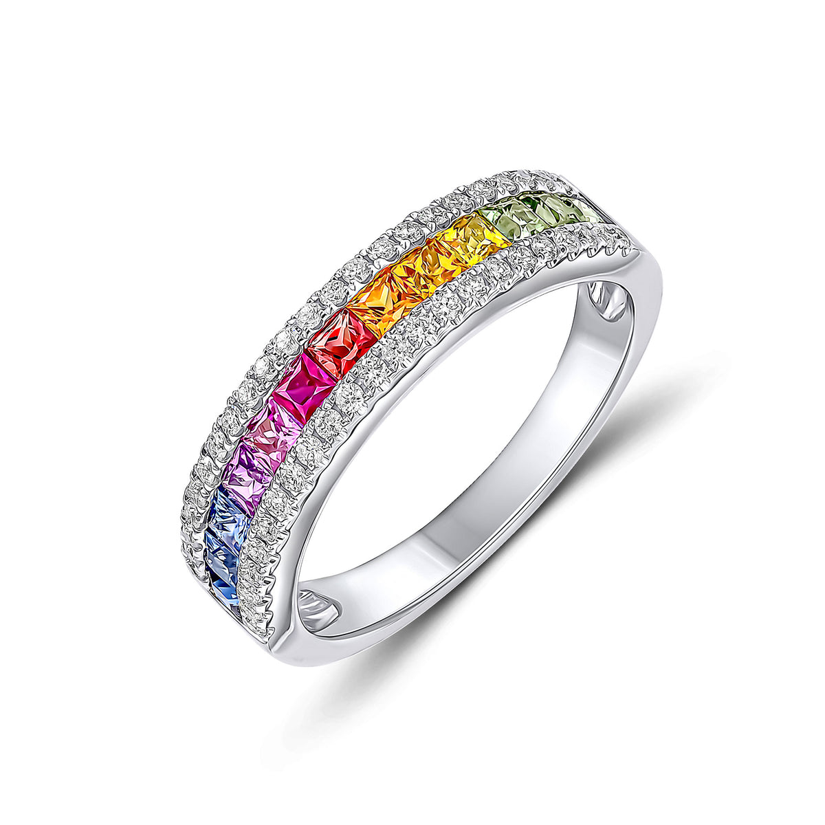 18CT WG SQUARE MULTI-SAPPHIRE & DIAMOND 3 ROW BAND RING * NEW CODE FOR 02-07-025 *
