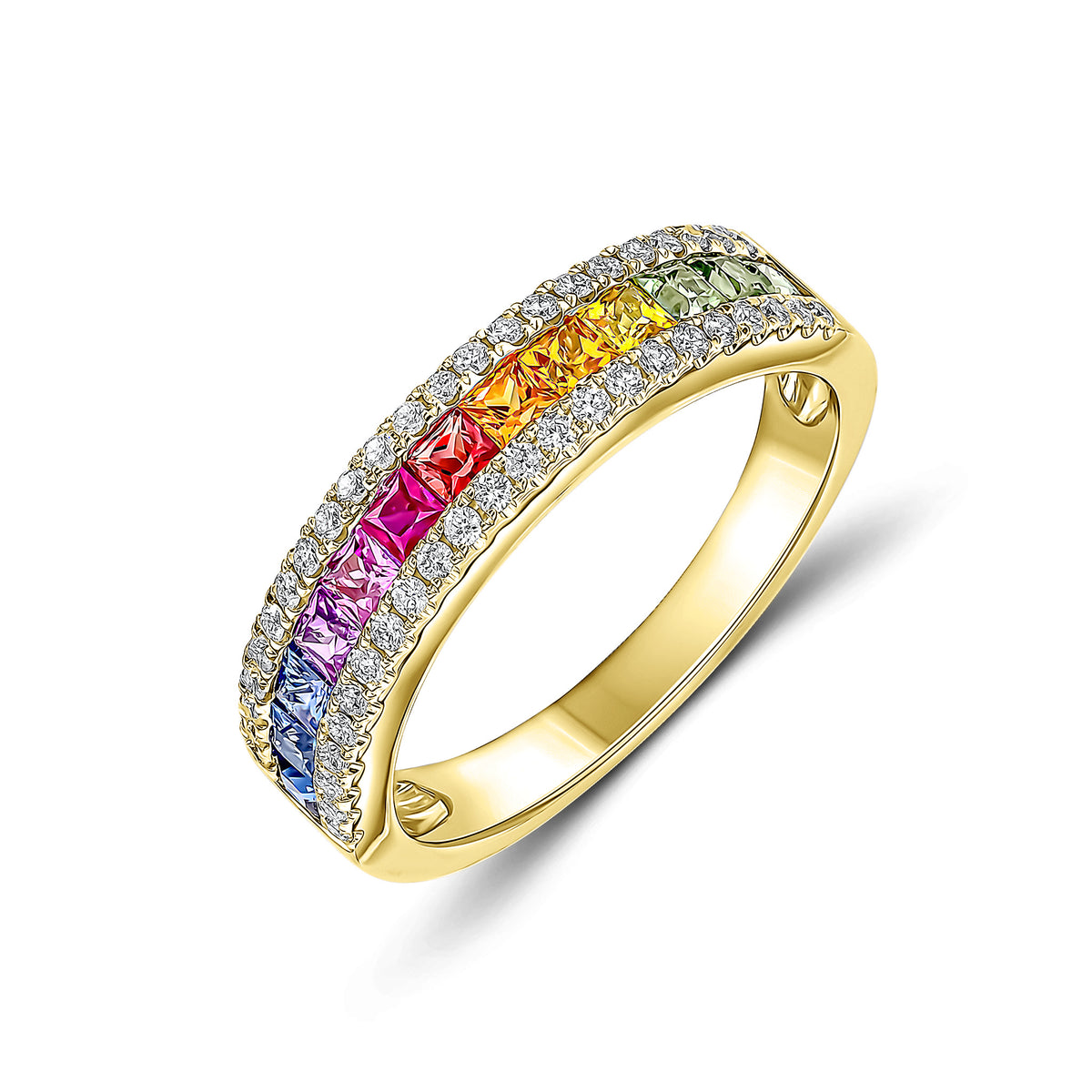 18ct Yellow Gold Multi-Sapphire & Diamond 3 Row Band Ring