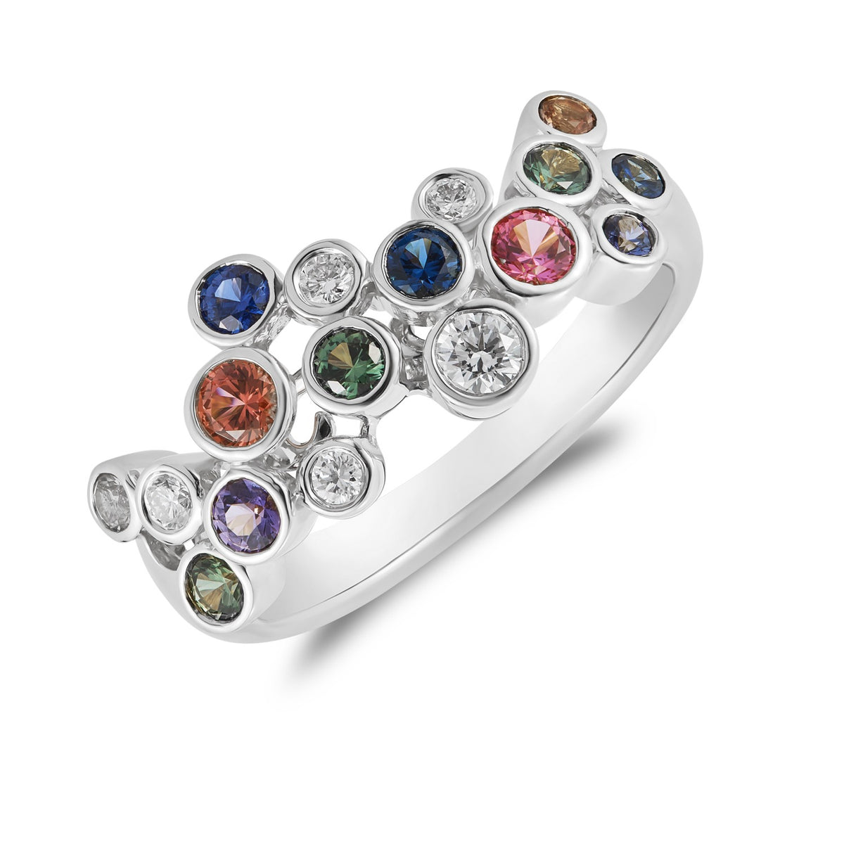 18CT WHITE GOLD ROUND MULTI-SAPPHIRE AND DIAMOND BUBBLE WIDE BAND RING