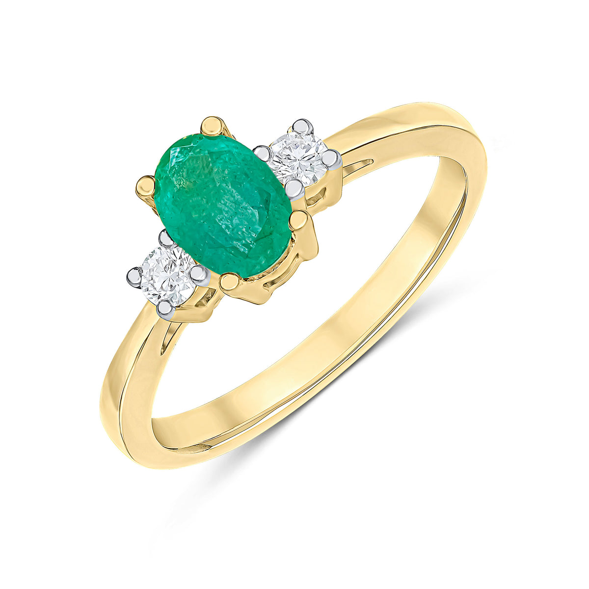 18CT YELLOW GOLD 7x5 OVAL EMERALD & DIAMOND 3 STONE RING RHODIUM TO DIAMONDS