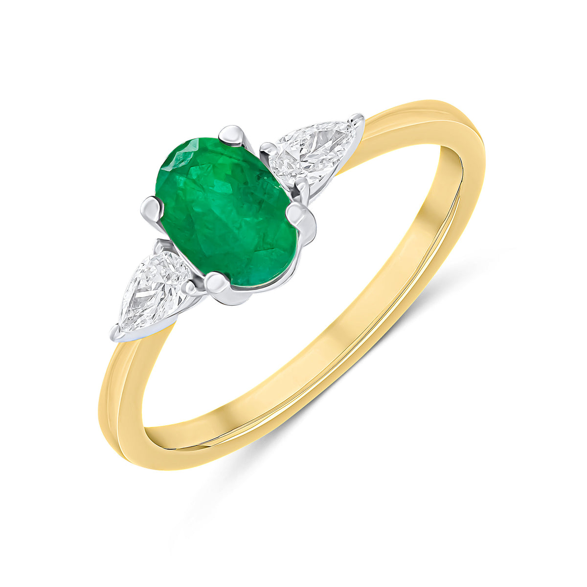 18CT YWG 7X5 OVAL EMERALD & PEARSHAPED DIAMOND 3 STONE RING