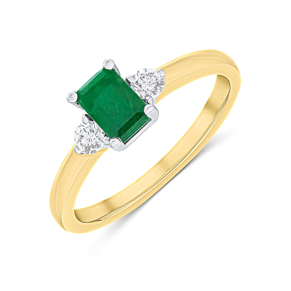 18CT YELLOW & WHITE GOLD OCTAGON EMERALD AND ROUND DIAMOND CLAW SET 3ST RING