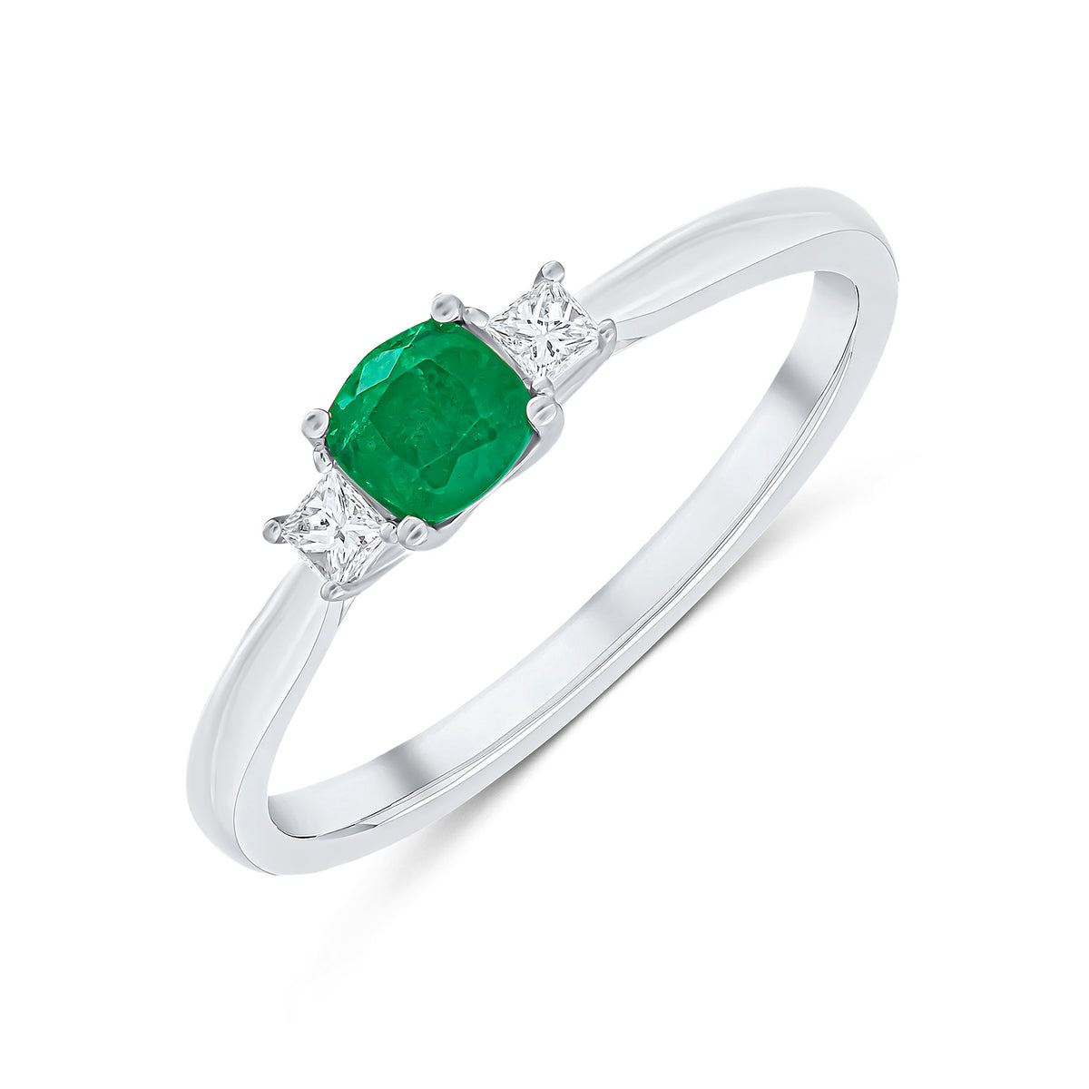18CT WHITE GOLD 4MM CUSHION EMERALD AND PRINCESS CUT DIAMOND CLAW 3ST RING