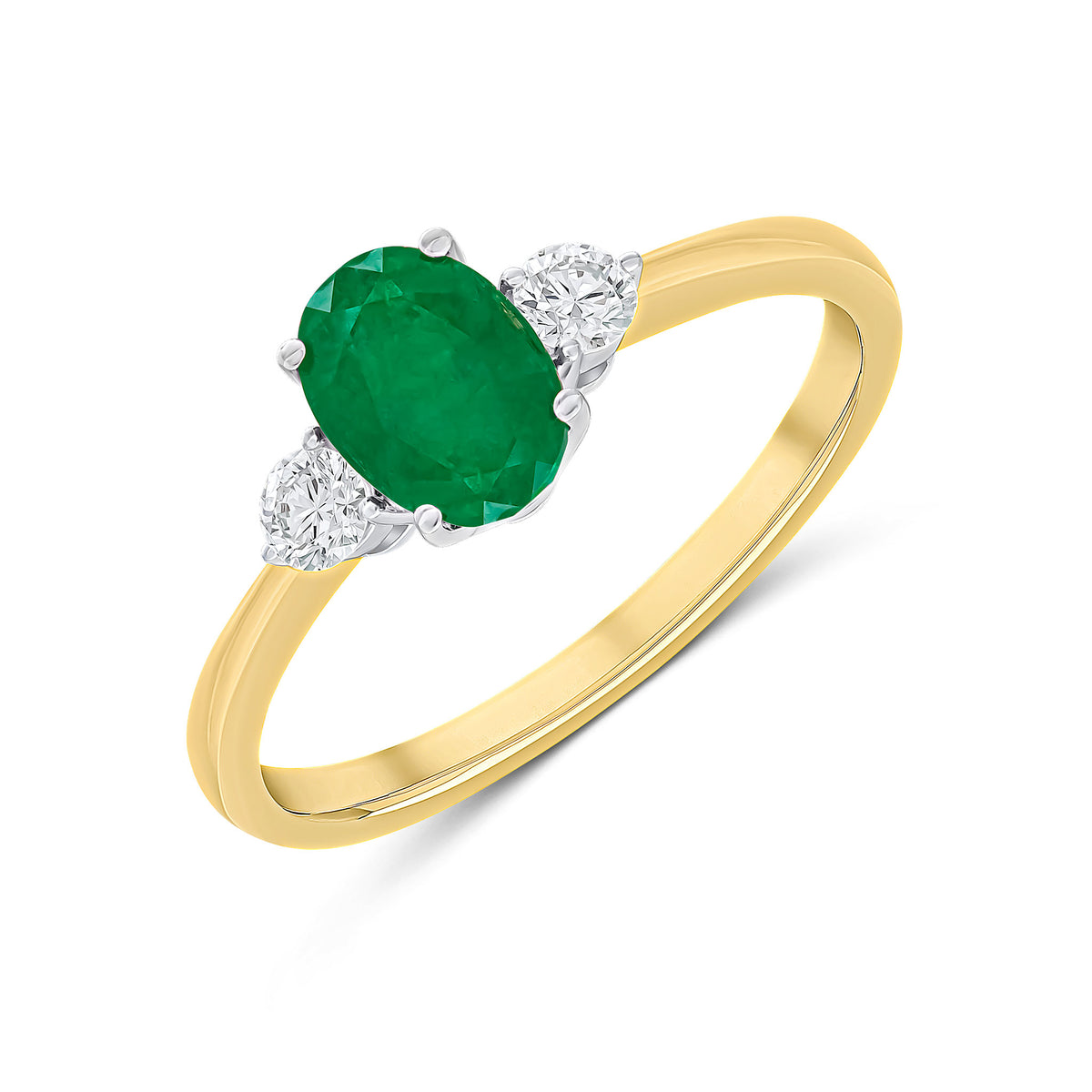 18CT YELLOW AND WHITE GOLD 7X5 OVAL EMERALD & ROUND DIAMOND CLAW 3ST RING
