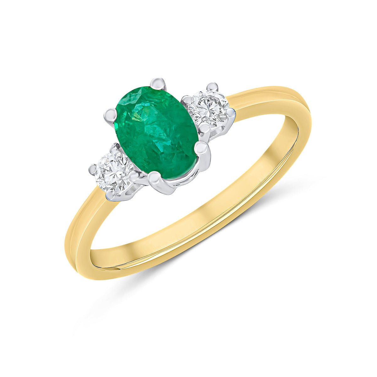 18CT YWG OVAL EMERALD AND ROUND DIAMOND CLAW SET 3ST RING RHODIUM TO DIAMONDS