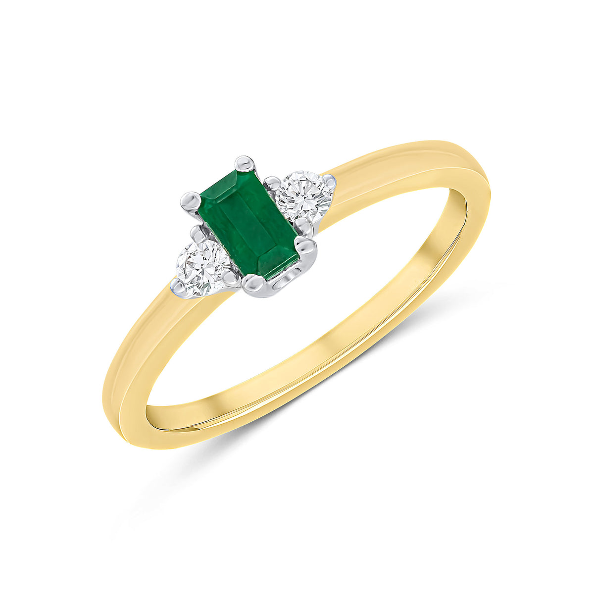 18CT YWG 5X3 OCTAGON EMERALD AND ROUND DIAMOND CLAW SET 3ST RING