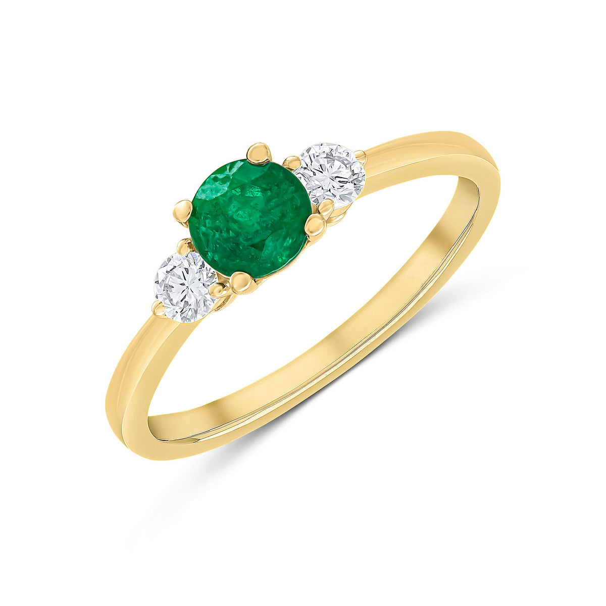 18CT YWG 5MM ROUND EMERALD AND DIAMOND 3ST CLAW SET RING