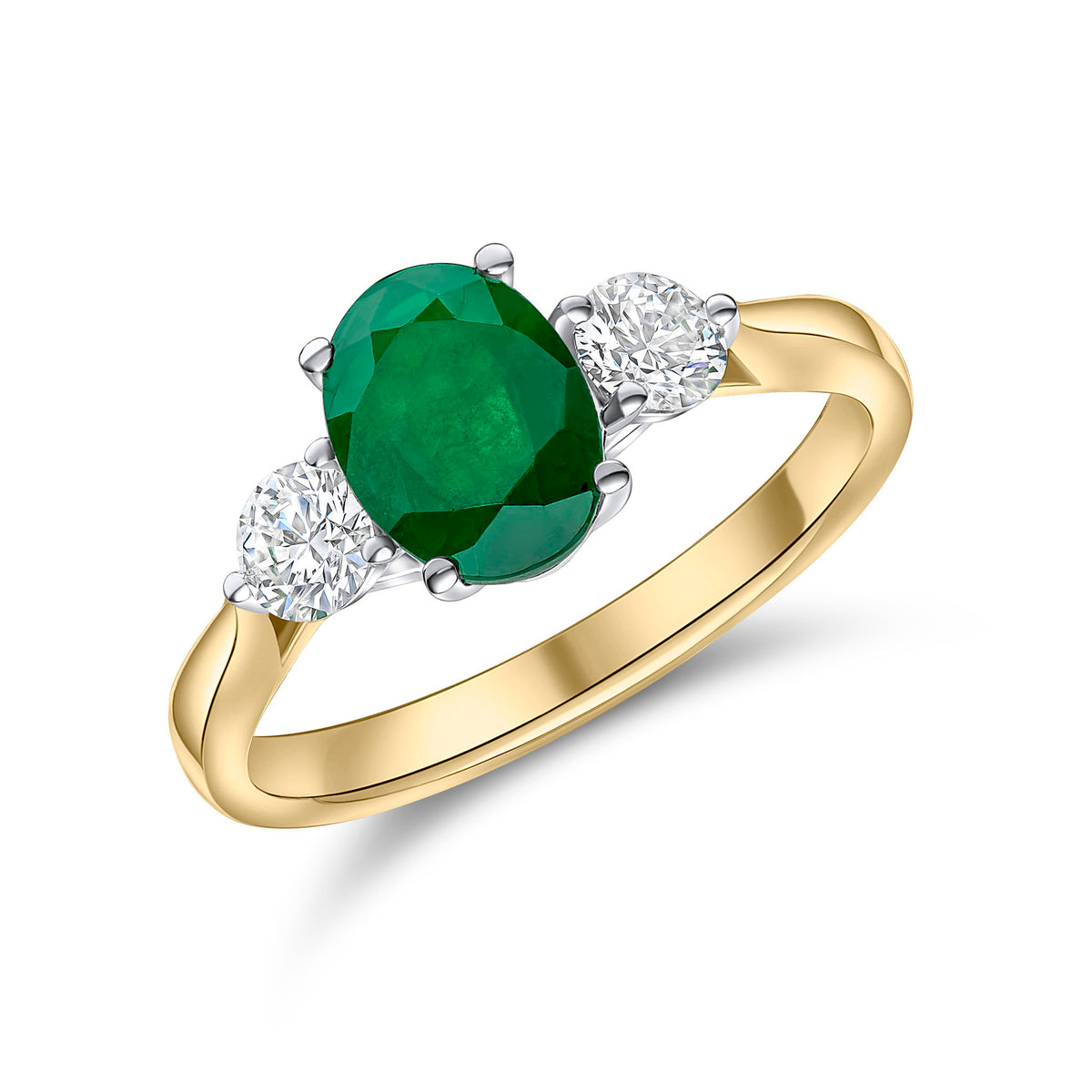 18CT YW GOLD 8X6 OVAL EMERALD & ROUND DIAMOND CLAW SET 3 STONE RING