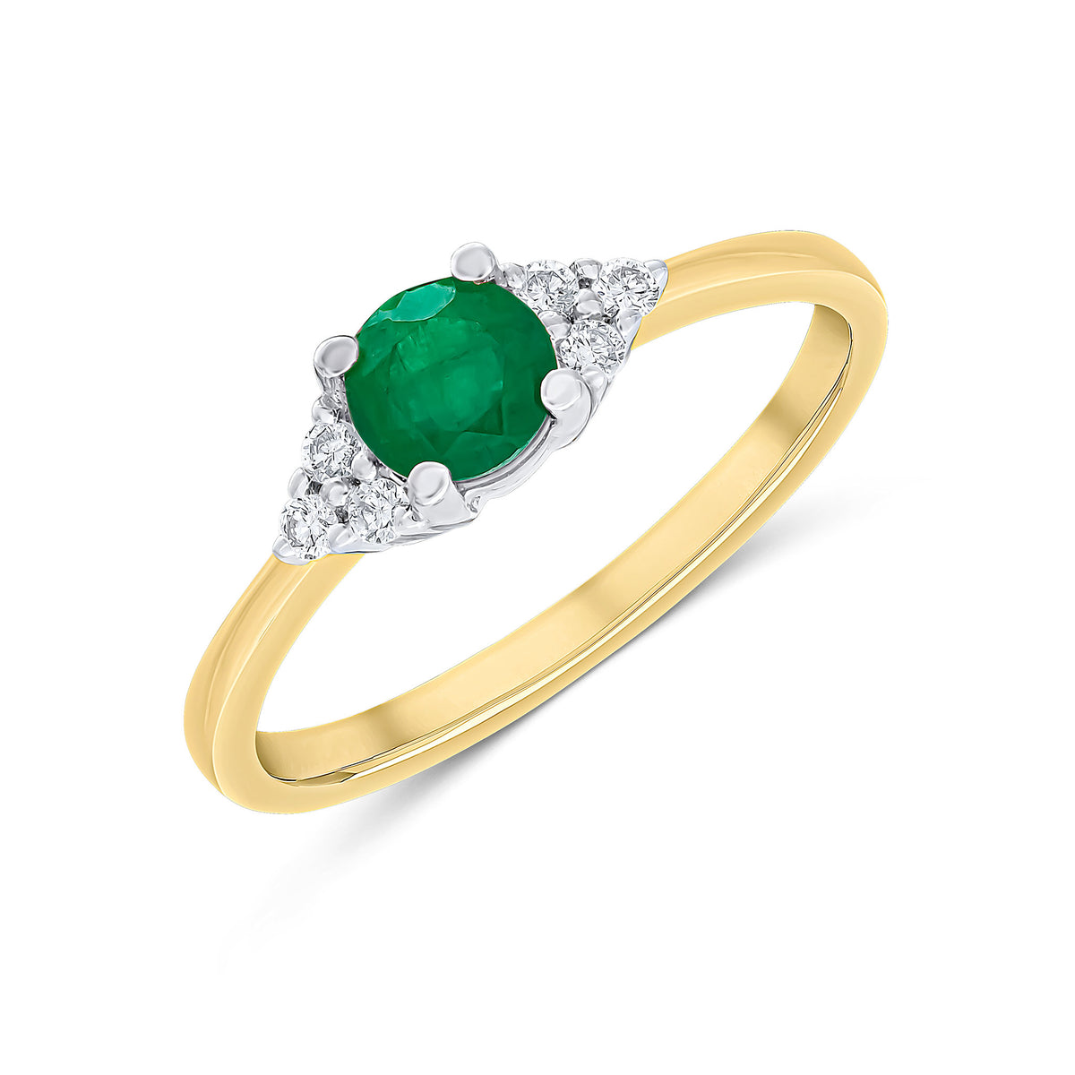 18CT YELLOW AND WHITE GOLD 5MM ROUND EMERALD AND ROUND DIAMOND TREFOIL SHOULDERS CLAW SET RING
