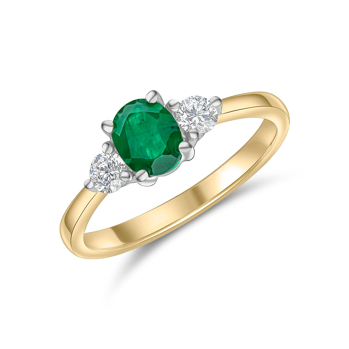18CT YWG 6X5 OVAL EMERALD AND ROUND DIAMOND 3ST CLAW SET RING
