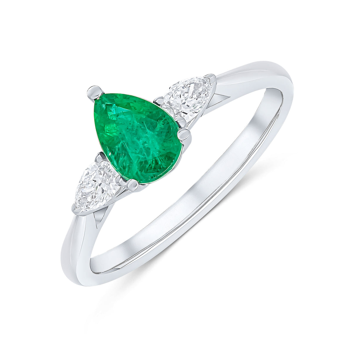 18CT WG PEARSHAPE EMERALD & PEARSHAPE DIAMOND CLAW 3ST RING