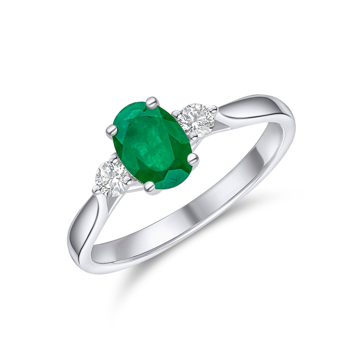 18CT WG 7X5MM OVAL EMERALD AND ROUND DIAMOND CLAW SET 3ST RING