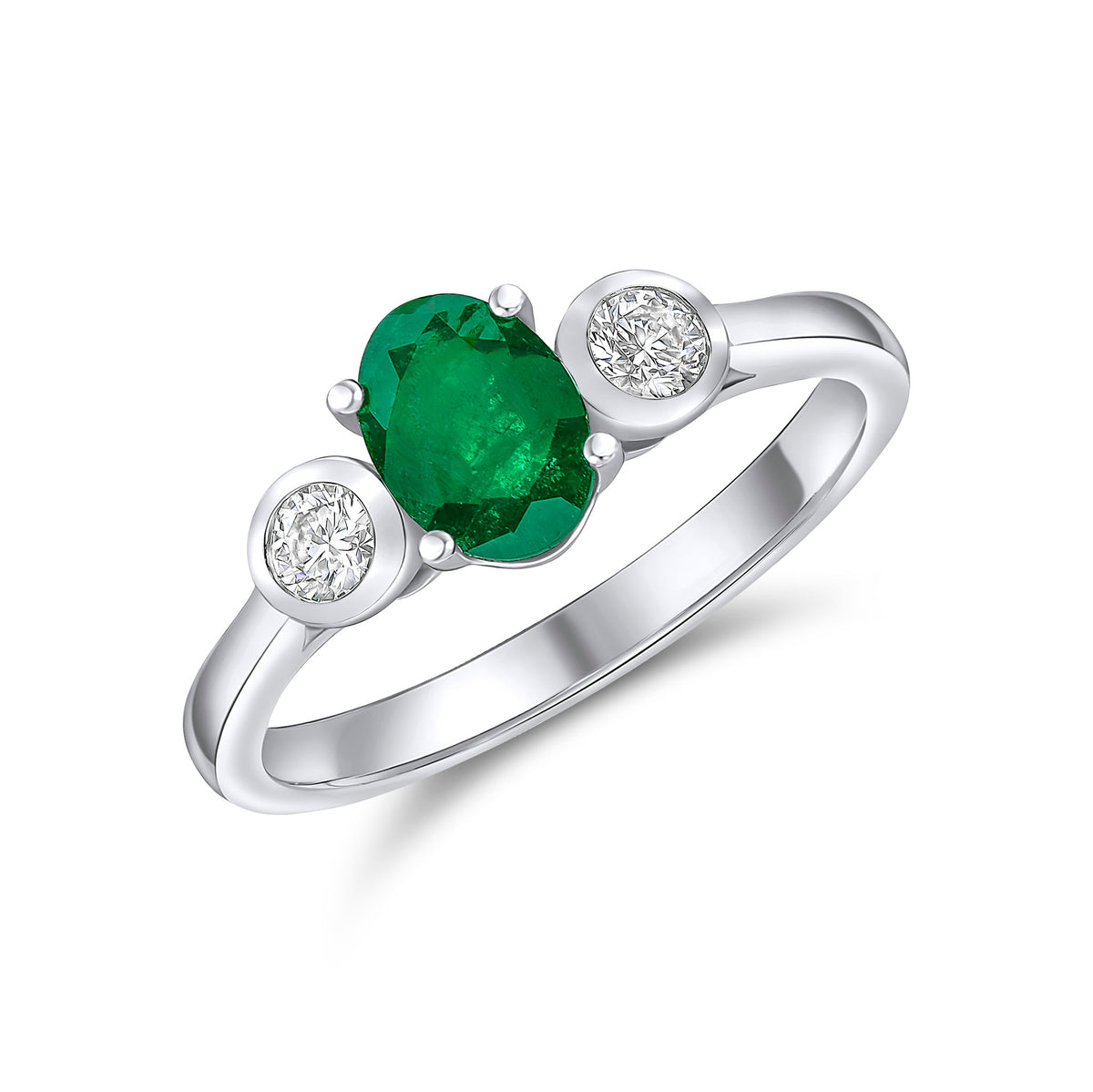 18CT WG 7X5MM CLAW SET OVAL EMERALD AND RUBOVER ROUND DIAMOND 3ST RING