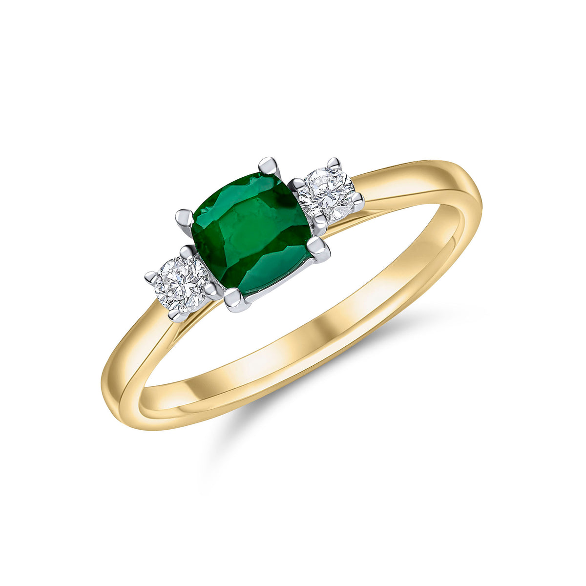 18CT YWG 5MM CUSHION EMERALD AND ROUND DIAMOND CLAW SET 3ST RING