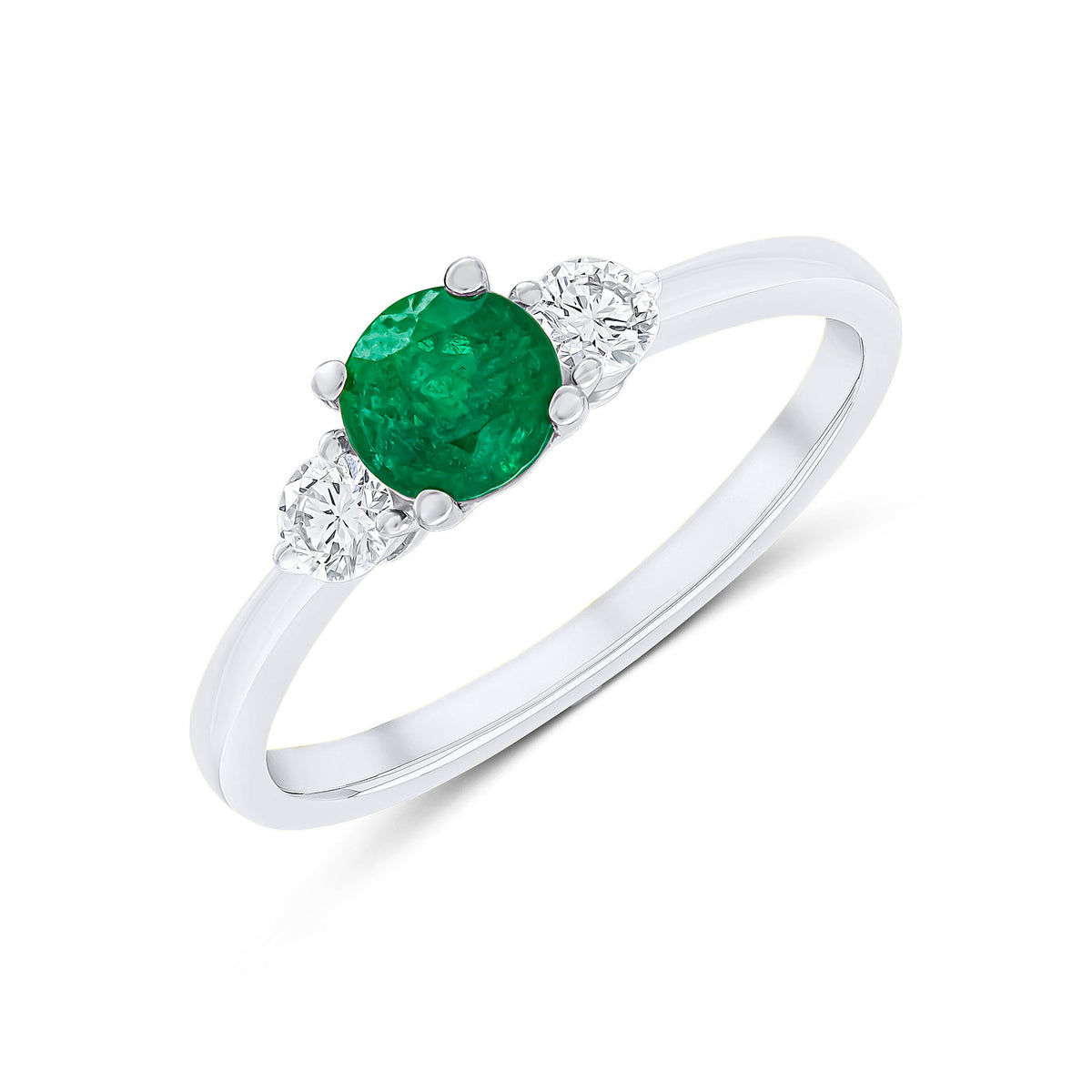 18CT WG 5MM ROUND EMERALD & DIAMOND 3 STONE CLAW SET RING