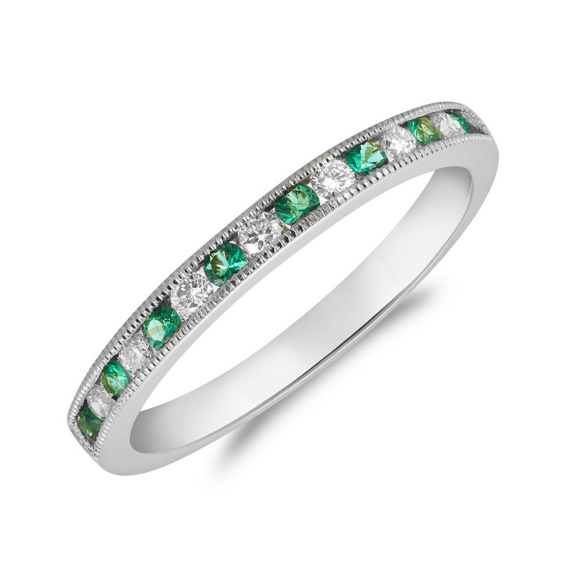 18CT WG ROUND EMERALD AND ROUND DIAMOND MILLEGRAIN 15ST RING