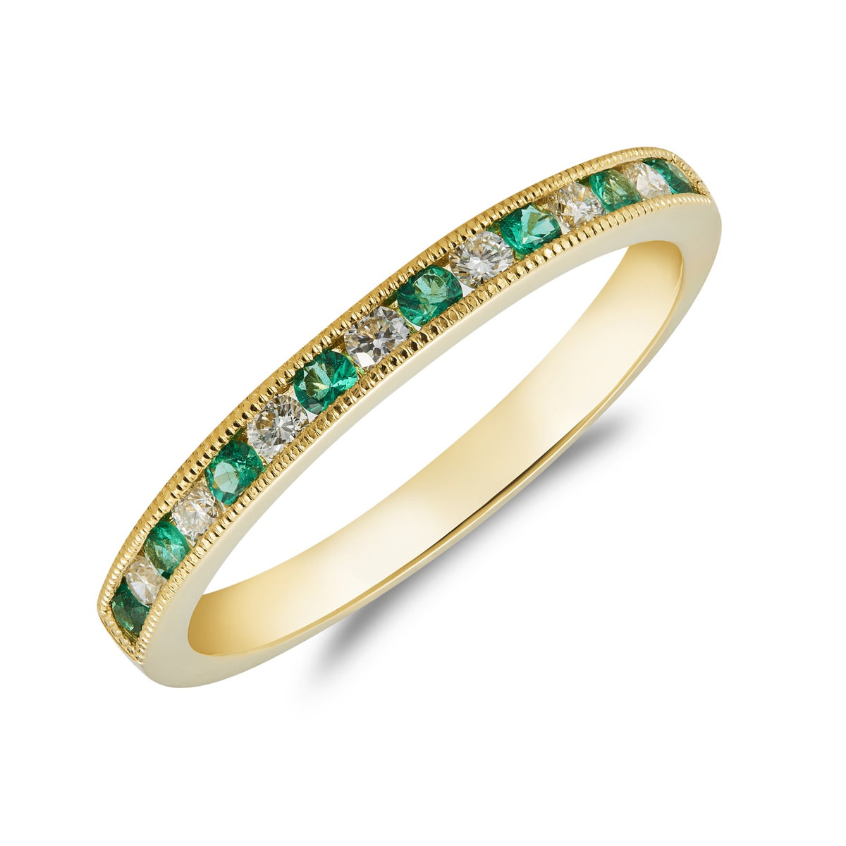 18CT YG ROUND EMERALD AND ROUND DIAMOND MILLEGRAIN 15ST RING