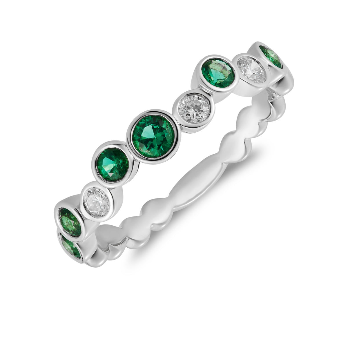 18CT WG ROUND EMERALD & DIAMOND SINGLE ROW BUBBLE RING