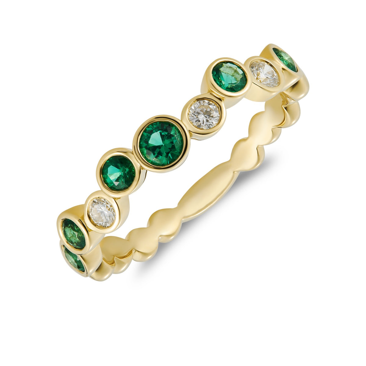 18CT YG ROUND EMERALD & DIAMOND SINGLE ROW BUBBLE RING