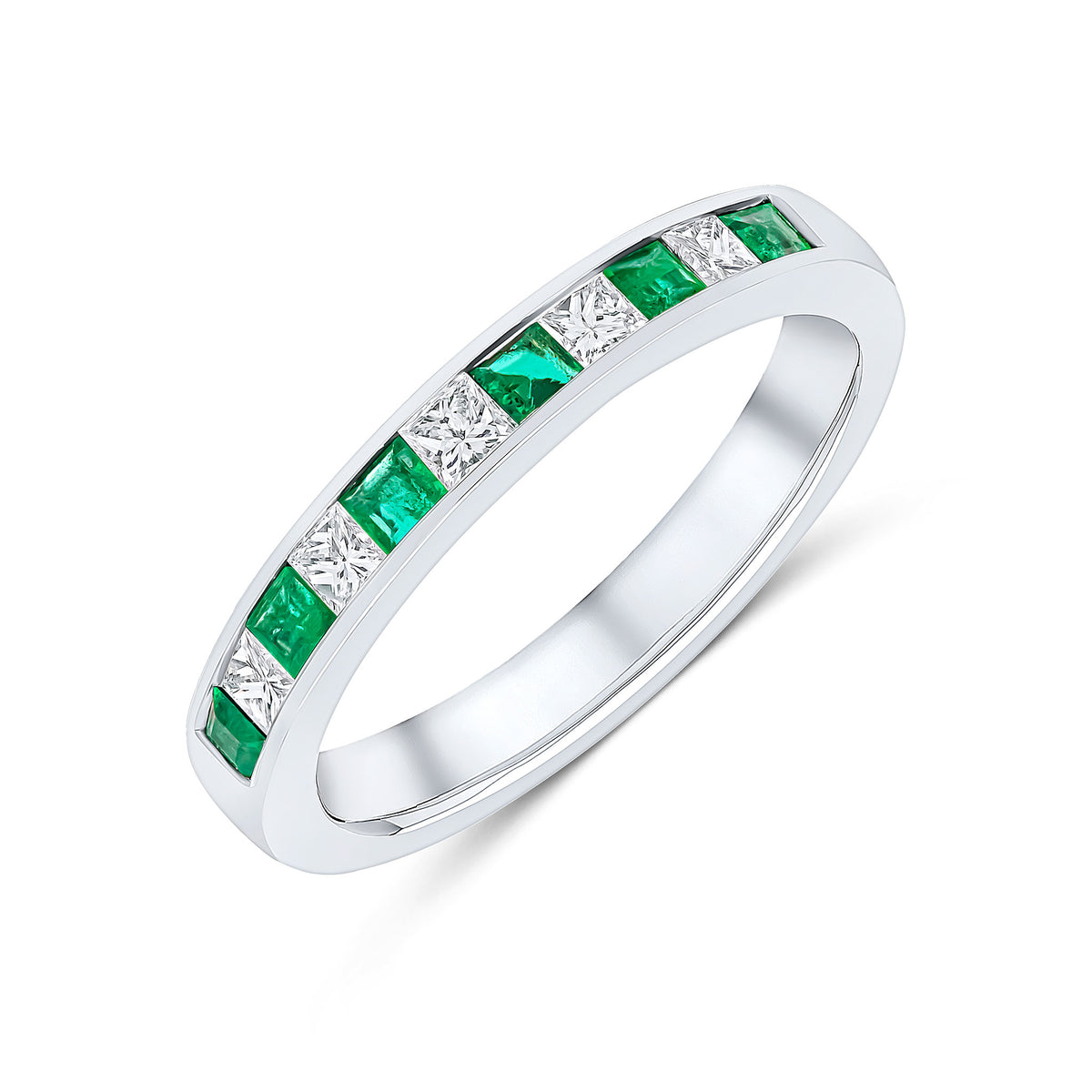 18CT WG SQUARE EMERALD AND PRINCESS CUT DIAMOND CHANNEL SET HALF ETERNITY RING 11 STONES