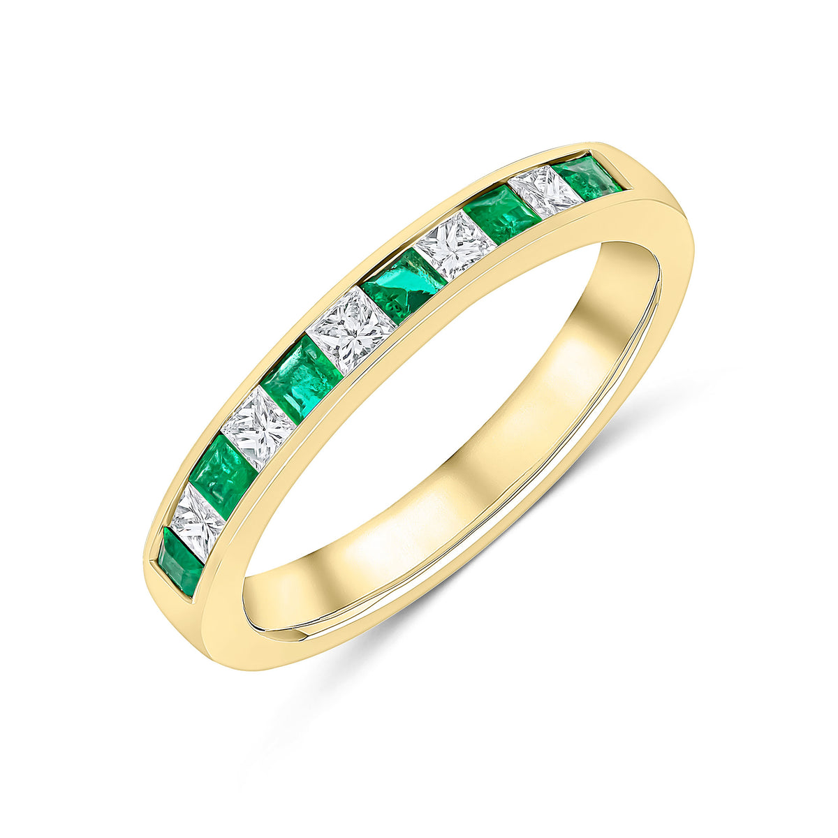18CT YELLOW GOLD SQUARE EMERALD & DIAMOND CHANNEL SET 11 STONE ETERNITY RING