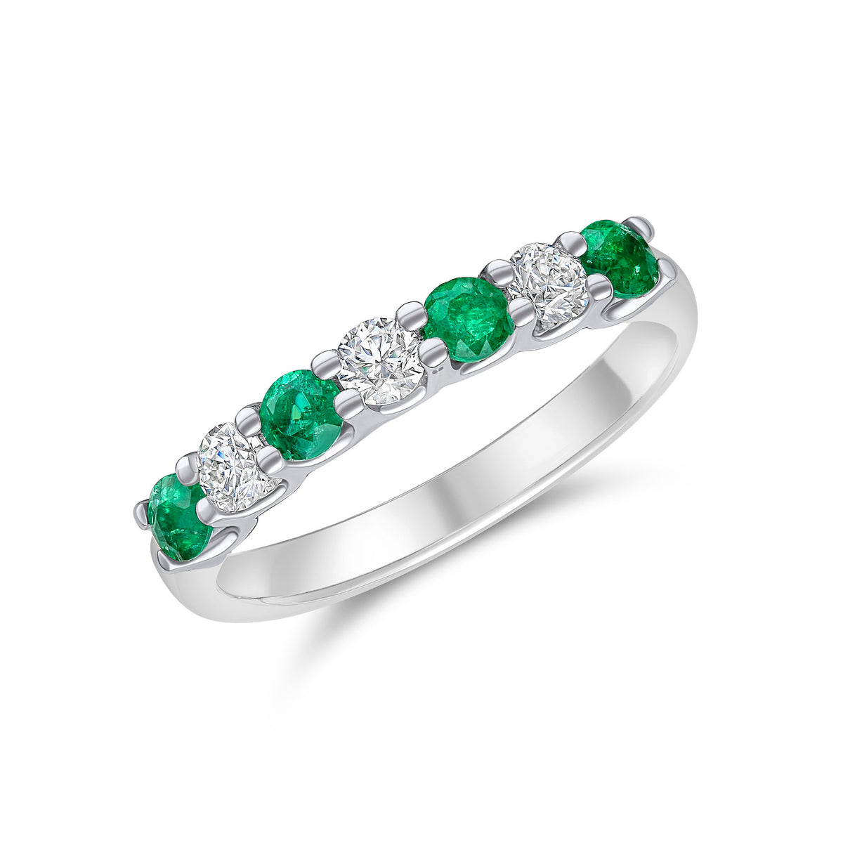 18CT WHITE GOLD ROUND EMERALD AND DIAMOND CLAW SET 7ST ETERNITY RING
