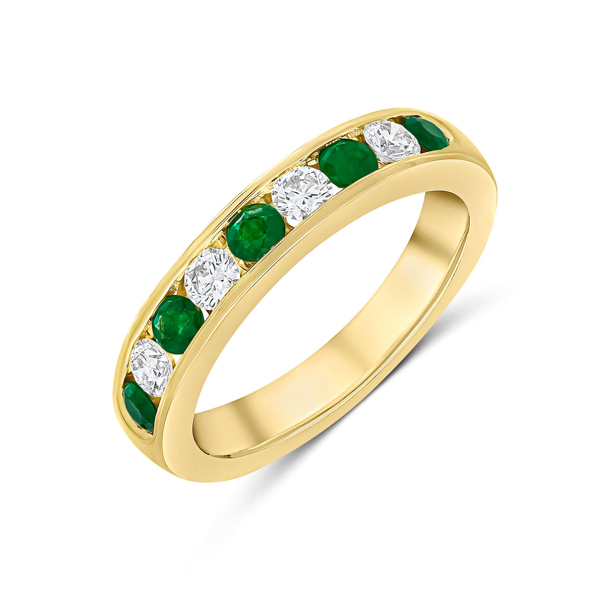 18CT YG ROUND EMERALD AND DIAMOND CHANNEL SET 9ST RING