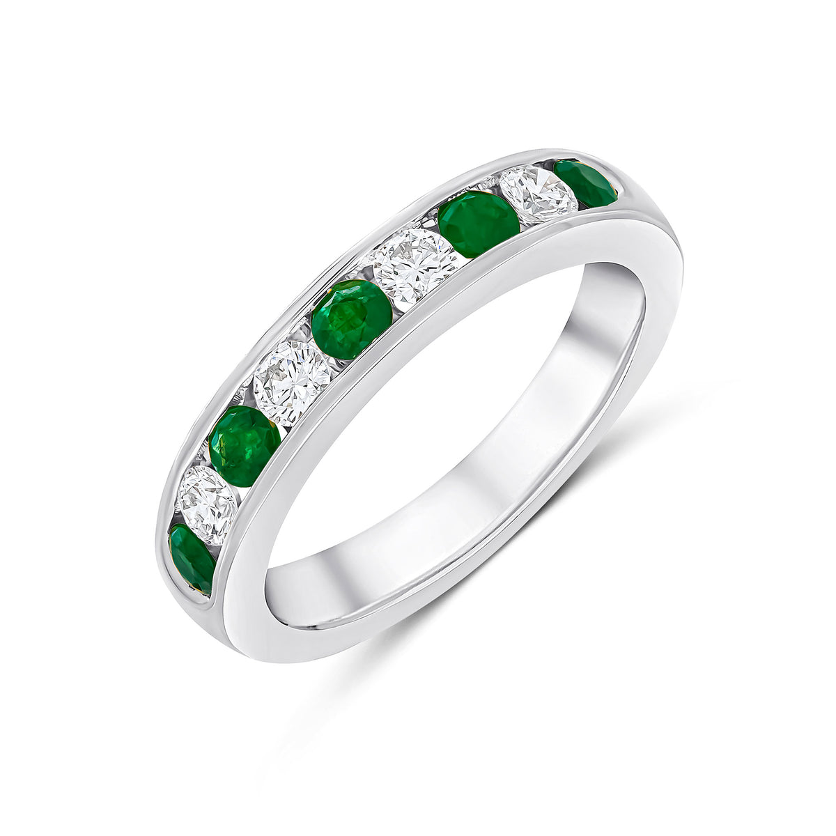 18CT WHITE GOLD ROUND EMERALD AND DIAMOND CHANNEL SET 9ST RING