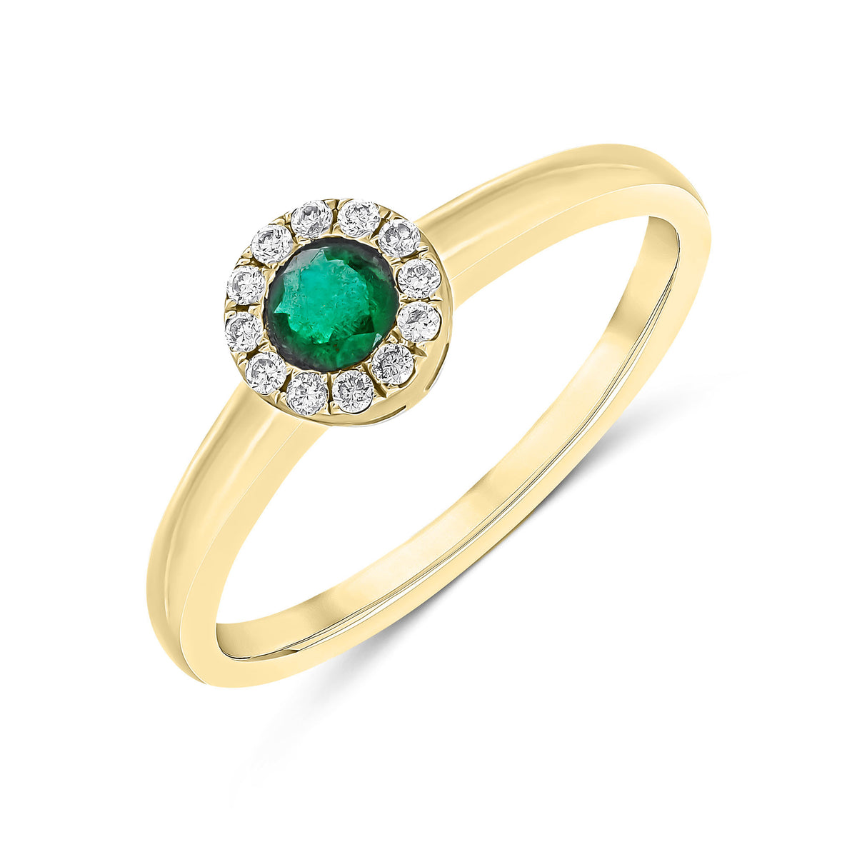 18CT YELLOW GOLD 4MM ROUND EMERALD & DIAMOND ROUND MICROSET CLUSTER RING