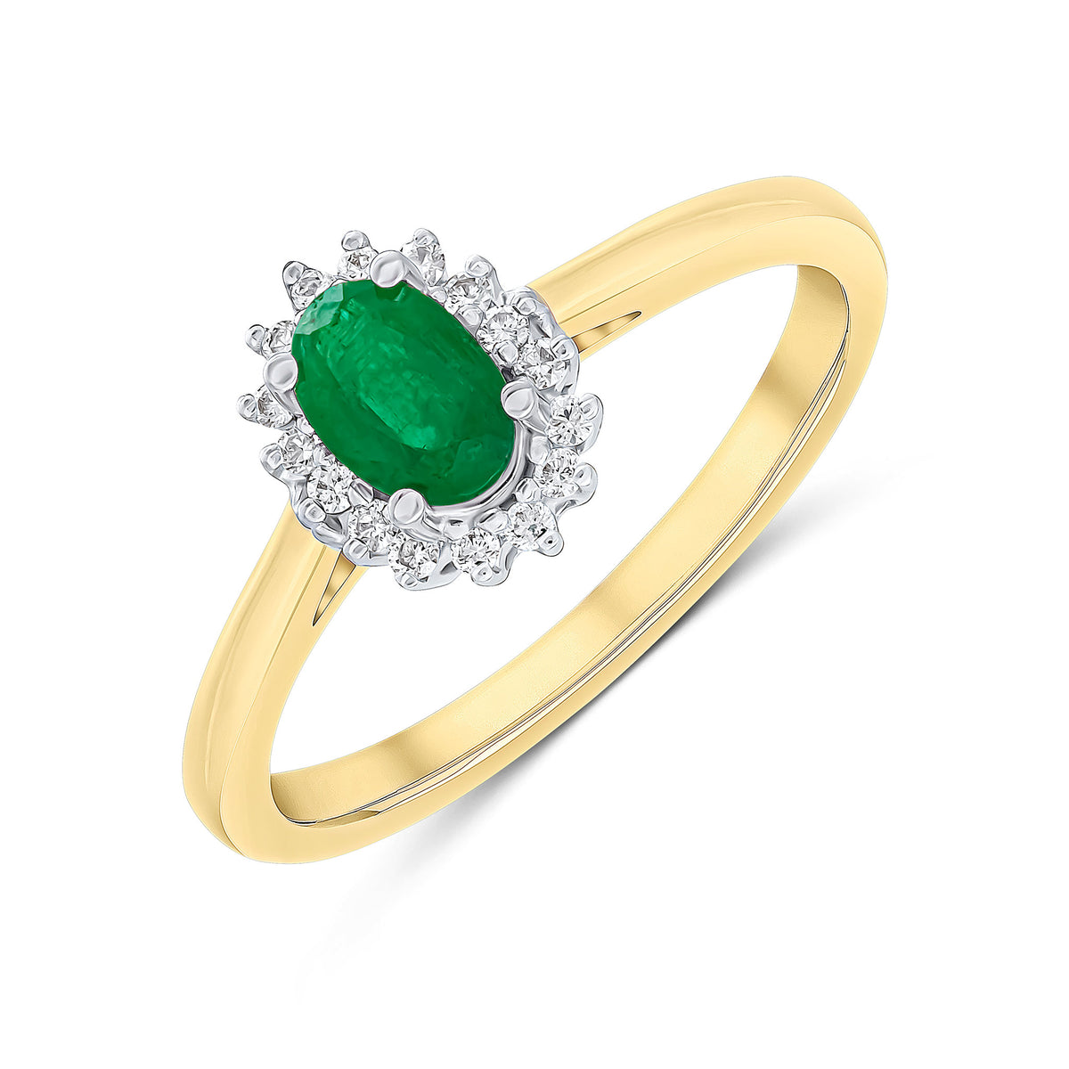 18CT YELLOW AND WHITE GOLD OVAL EMERALD AND ROUND DIAMOND CLAW SET CLUSTER RING