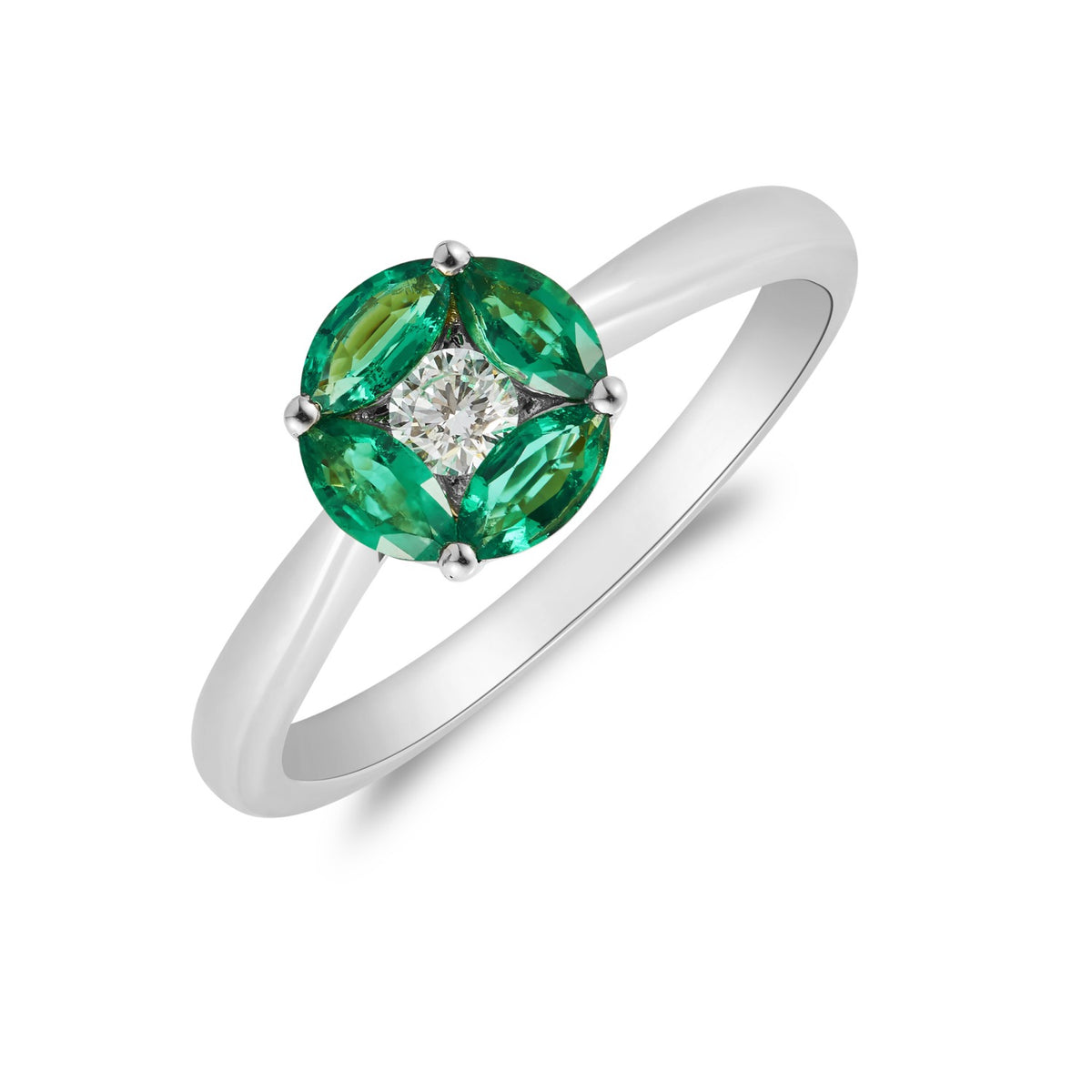 18CT WG MARQUISE EMERALD AND ROUND DIAMOND CLUSTER RING. TAPERED SHANK