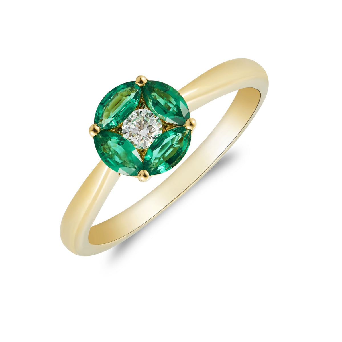 18CT YG MARQUISE EMERALD AND ROUND DIAMOND CLUSTER RING. TAPERED SHANK