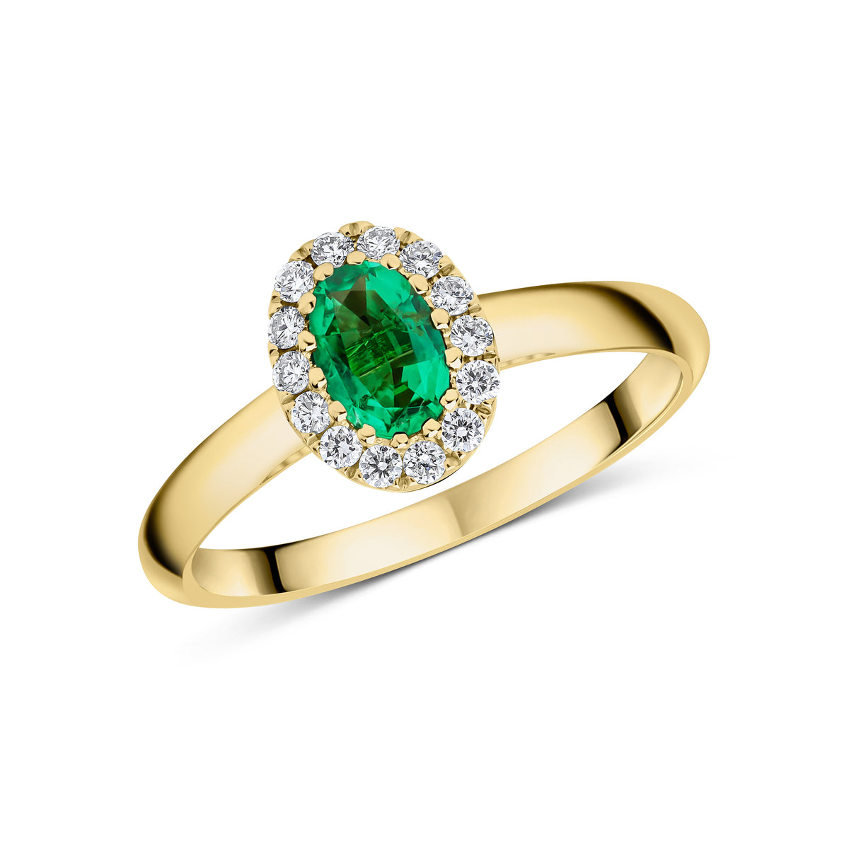 18CT YG 6X4 OVAL EMERALD & DIAMOND CLAW SET CLUSTER RING