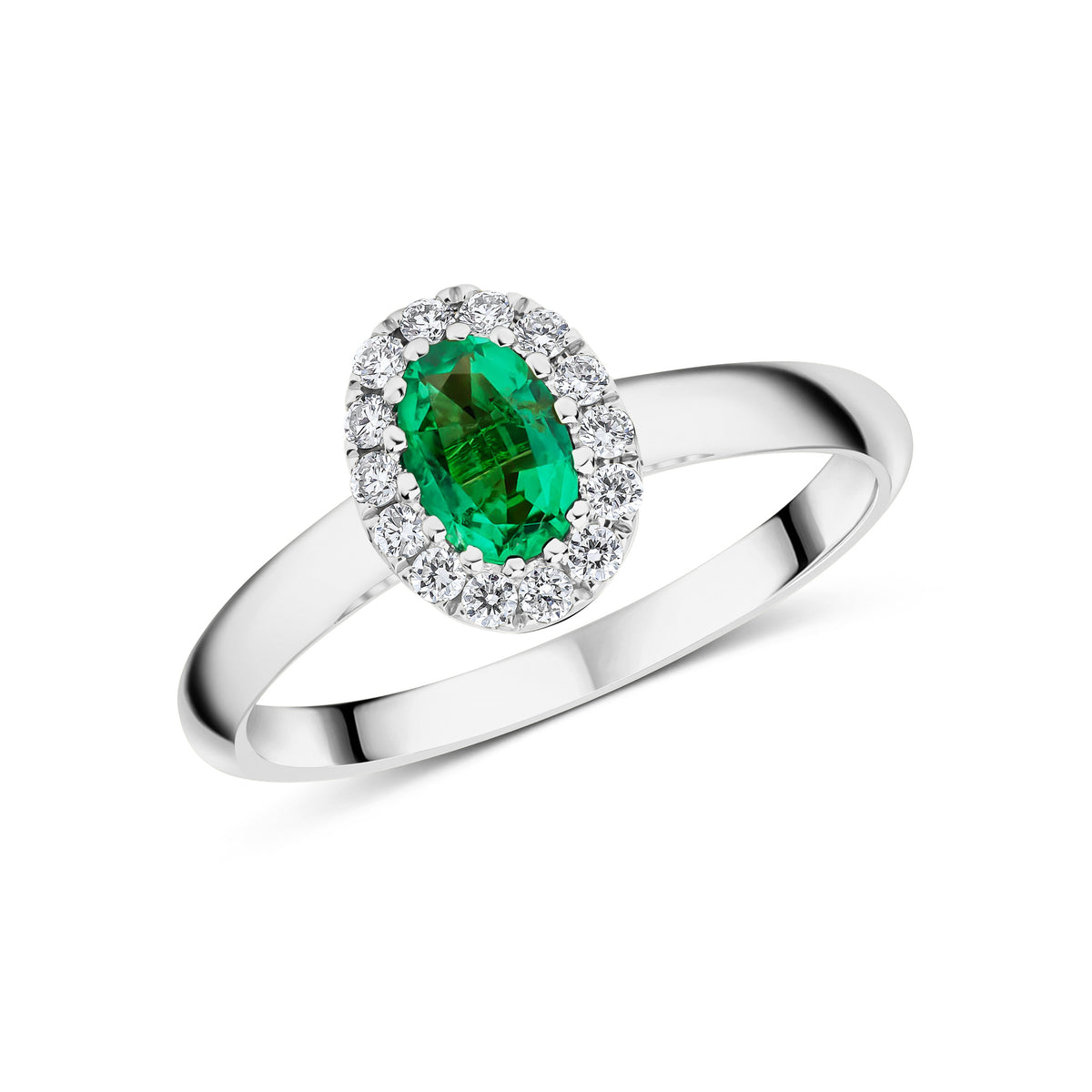 18CT WG 6X4 OVAL EMERALD & DIAMOND CLAW SET CLUSTER RING