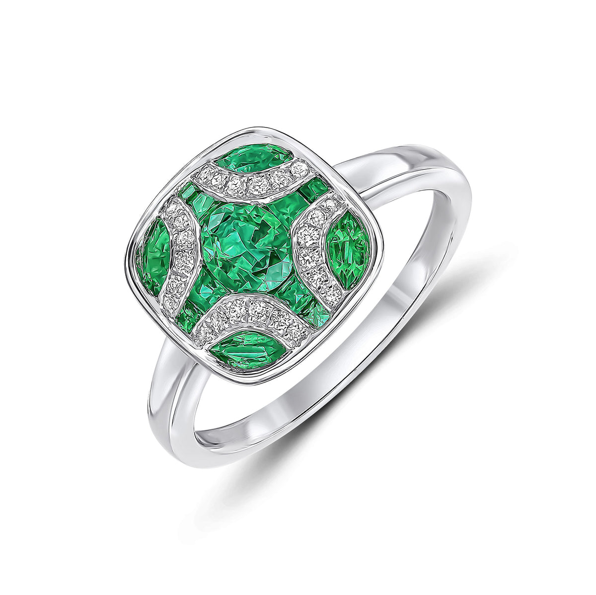 18CT WG EMERALD & DIAMOND SHIELD RING WITH PLAIN SHANK