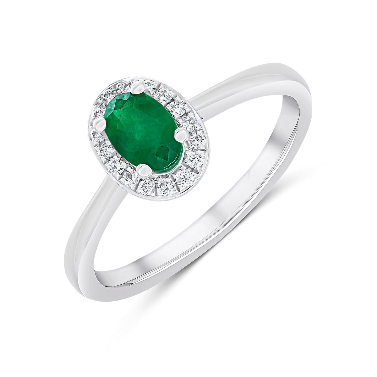 18CT WHITE GOLD 6X4 OVAL EMERALD & ROUND DIAMOND CLAW SET CLUSTER RING