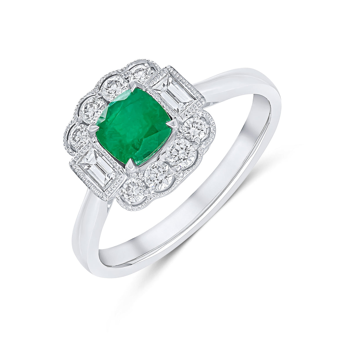 18CT WG CUSHION EMERALD AND BAGUETTE AND ROUND DIAMOND MILLEGRAIN CLUSTER RING
