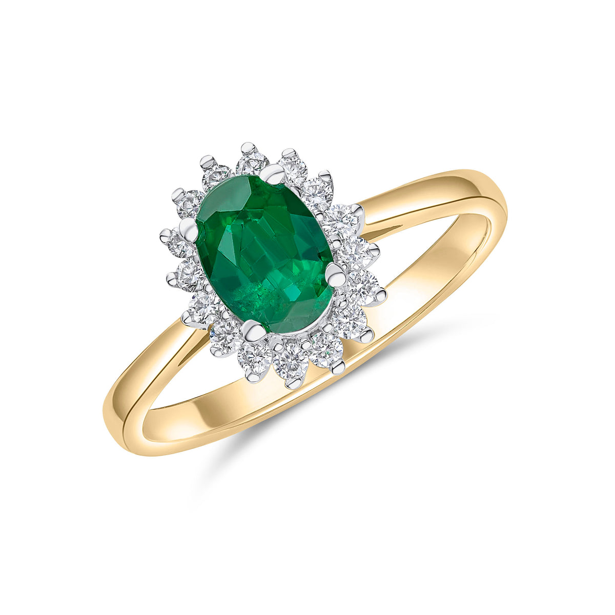 18CT YWG 7X5 OVAL EMERALD & DIAMOND CLAW SET CLUSTER RING