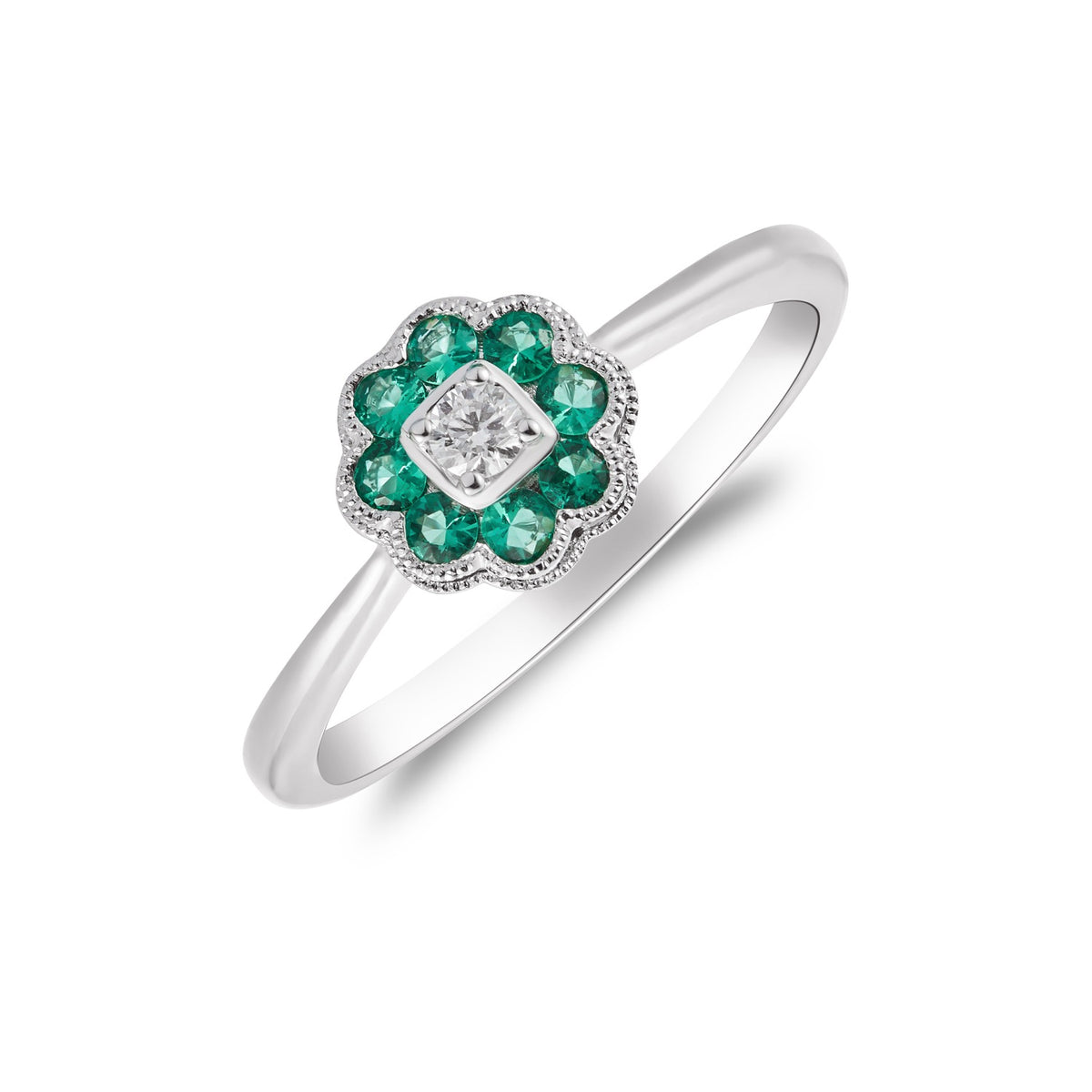 18CT WG ROUND EMERALD & DIAMOND MILLEGRAIN EDGE CLUSTER RING