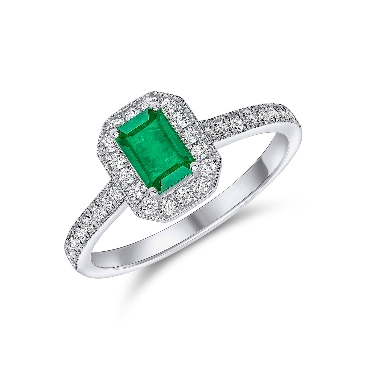 18CT WG 6X4 OCTAGON EMERALD & DIAMOND MILLEGRAIN CLUSTER RING   G