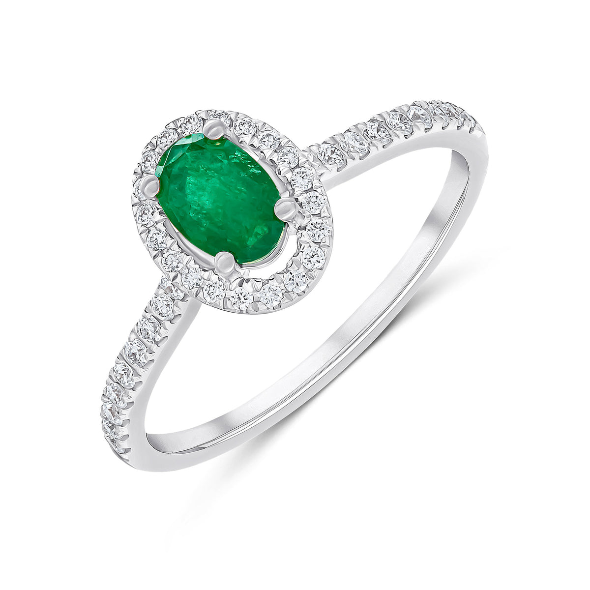 18CT WG 6X4 OVAL EMERALD & DIAMOND HALO CLUSTER RING STONES ON SHOULDER