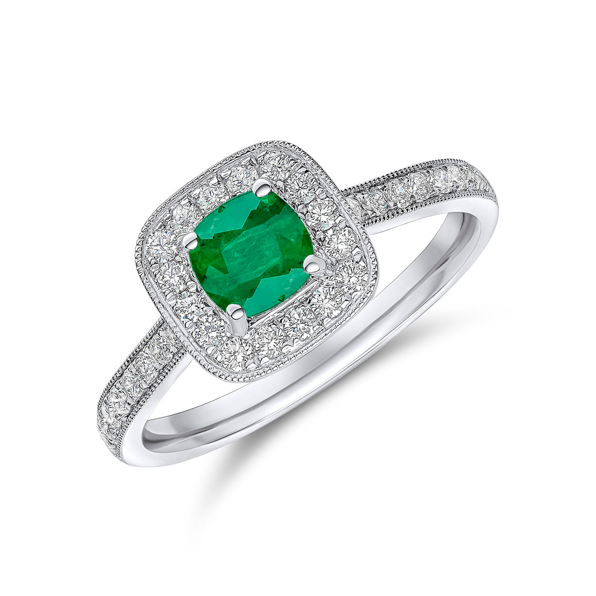 18CTWG 5MM CUSHION EMERALD & DIAMOND MILLEGRAIN CLUSTER RING. WITH DIAMOND SET SHOULDERS