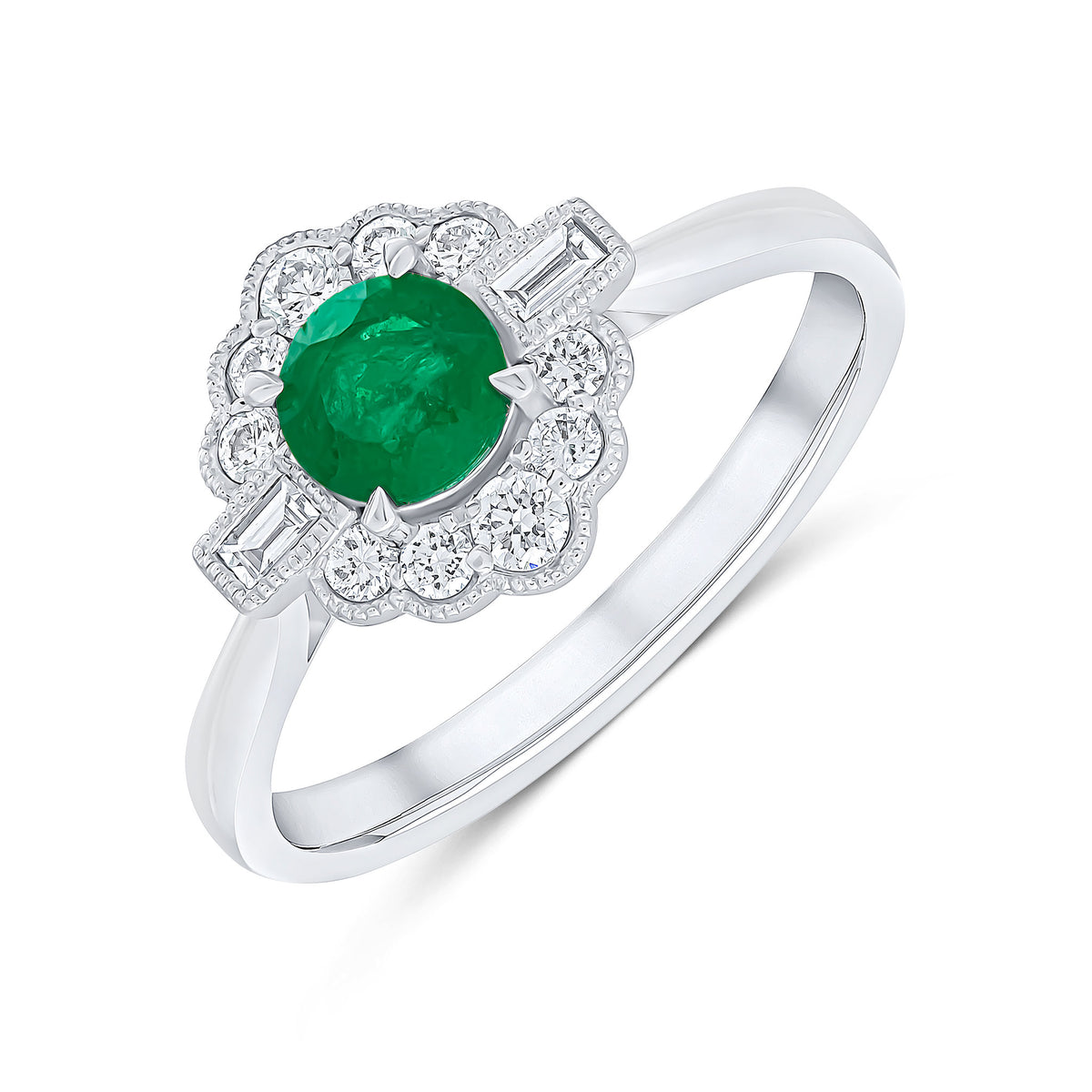 18CT WG ROUND EMERALD, BAGUETTE AND ROUND DIAMOND MILLEGRAIN CLUSTER RING