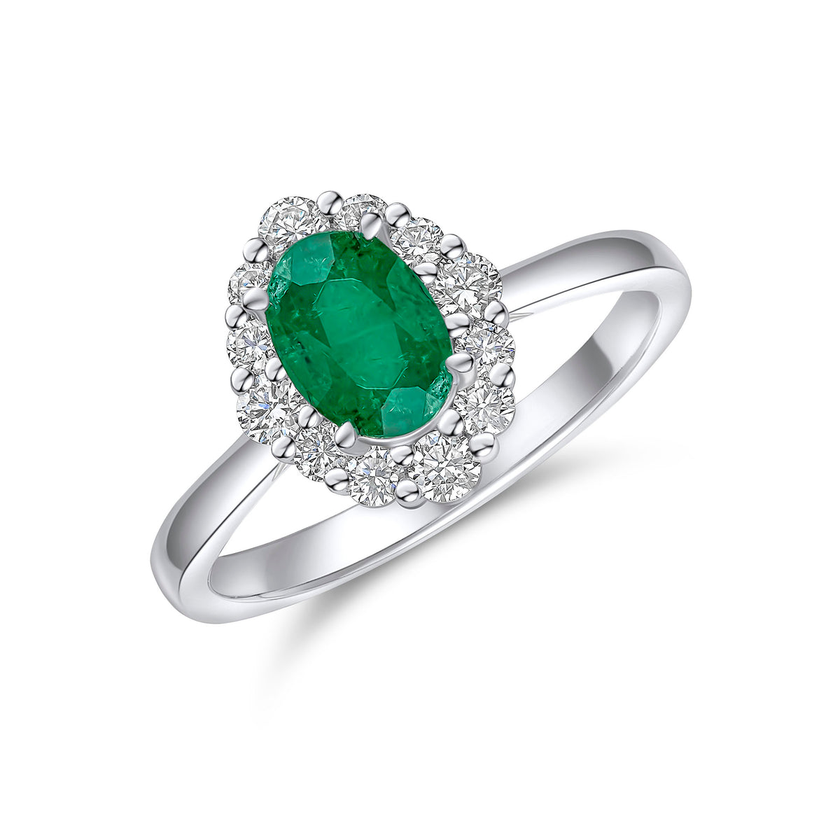 18CT WG 7X5 OVAL EMERALD & DIAMOND CLAW SET CLUSTER RING